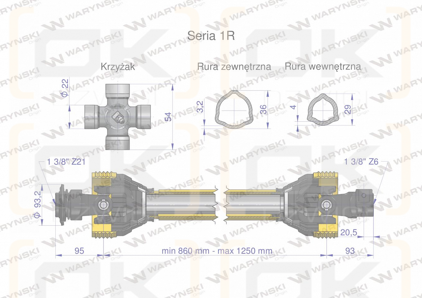 Wał przegubowo-teleskopowy 860-1250mm 210Nm widłak Z21 od ciągnika CE seria 1R WARYŃSKI