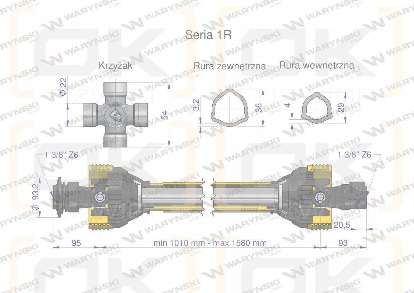 Wał przegubowo-teleskopowy 1010-1580mm 210Nm 10270 CE seria 1R WARYŃSKI WA21-101