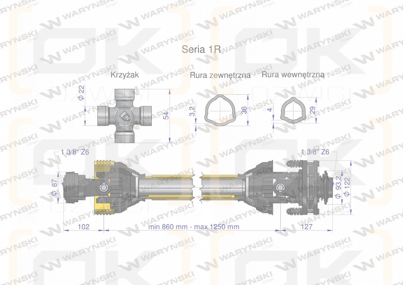 Wał przegubowo-teleskopowy 860-1250mm 210Nm sprzęgło cierne 300Nm CE 2020 2020 seria 1R WARYŃSKI