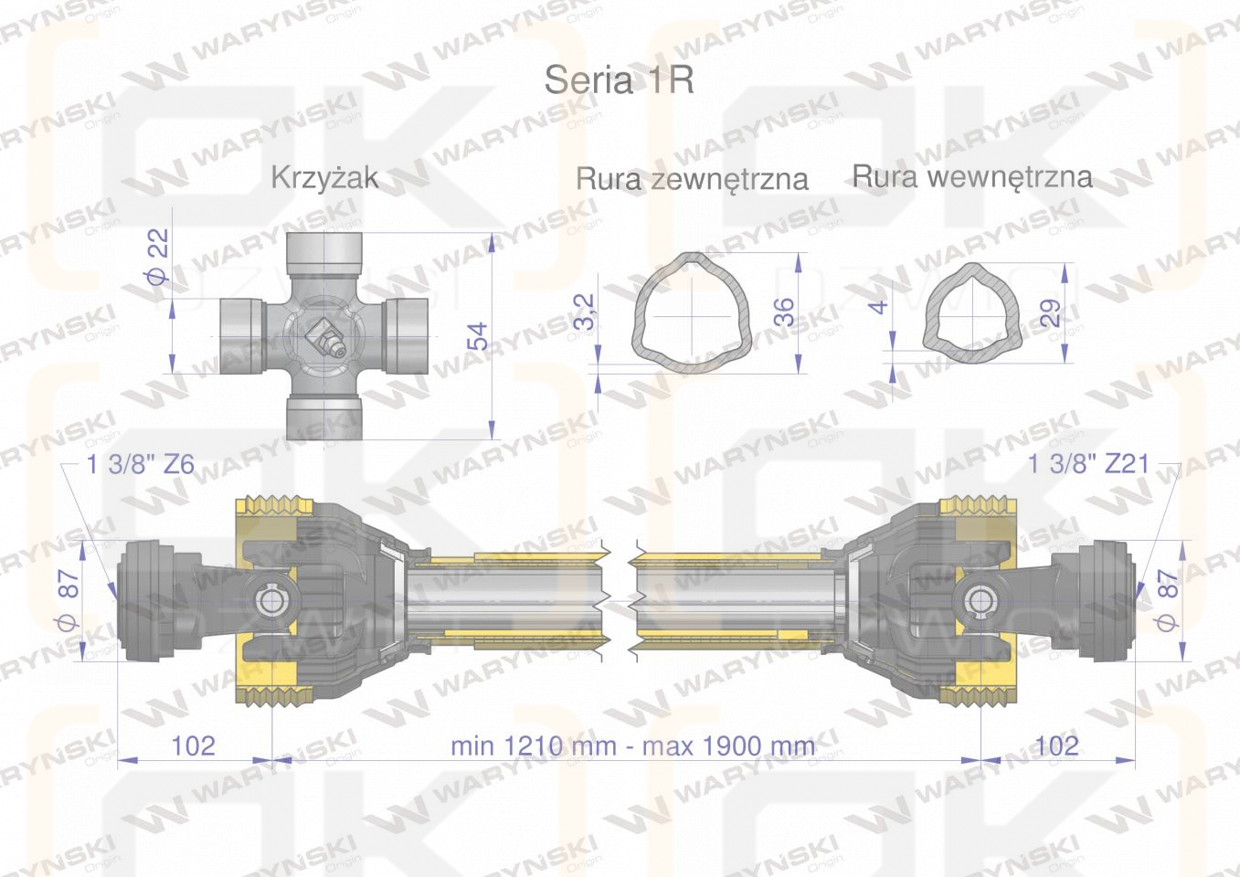 Wał przegubowo-teleskopowy 1210-1900mm 210Nm widłak Z21 od maszyny CE 2020 seria 1R WARYŃSKI