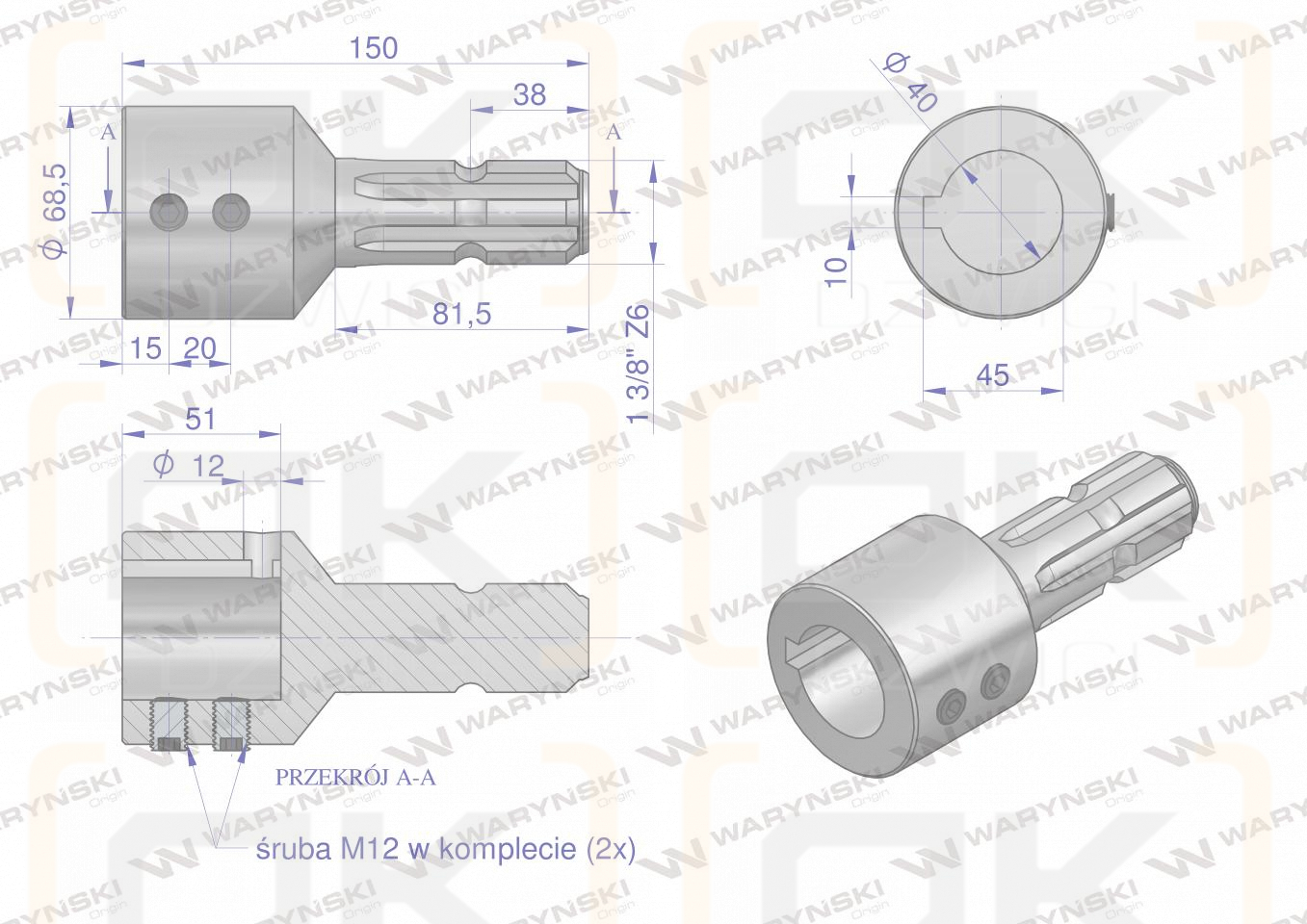 Redukcja adapter na wpust otwór wew. Q 40 mm na wałek 1 3/8 