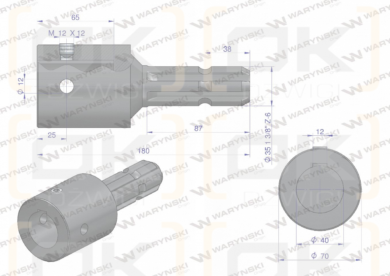 Redukcja adapter na wpust otwór wew. Q 40 mm na wałek 1 3/8 