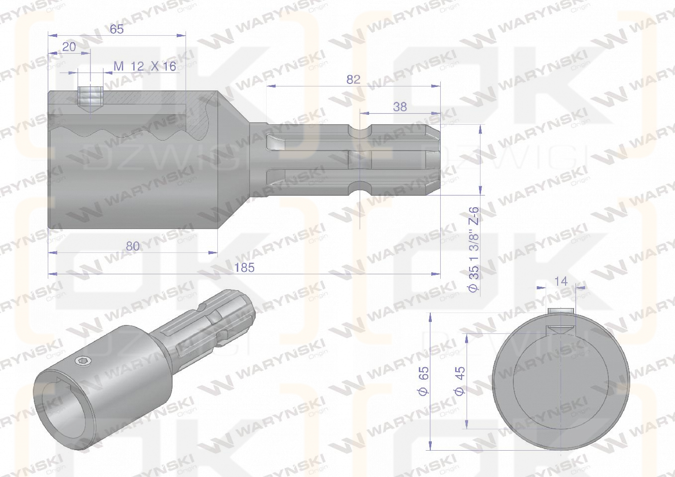 Redukcja adapter na wpust otwór wew. Q 45 mm na wałek 1 3/8 