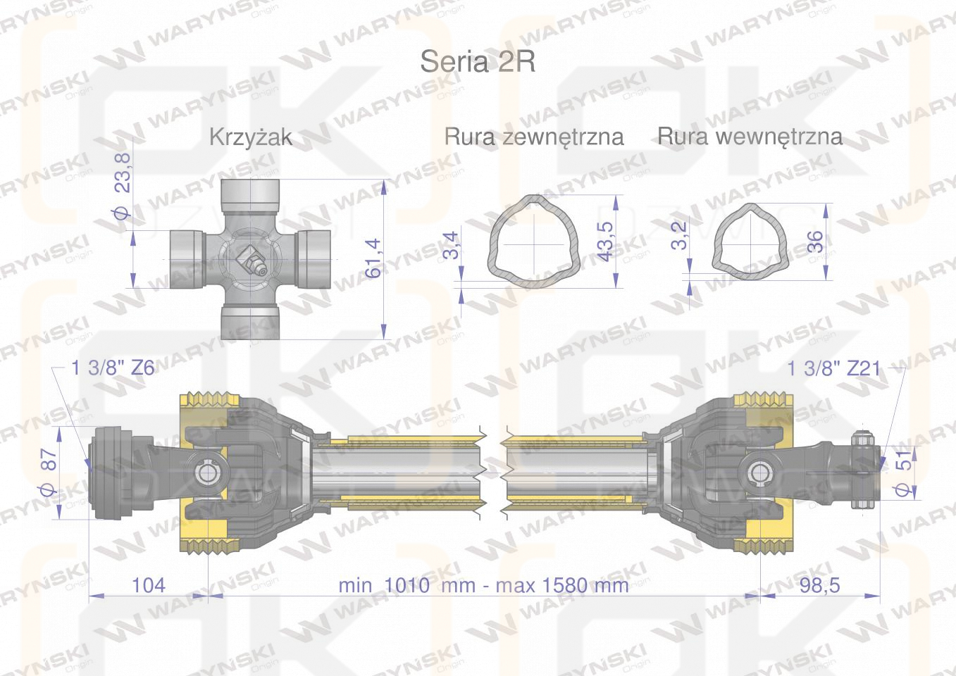 PTO shaft 1010-1580mm 270Nm Z21 fork bolted 40270 CE 2020 series 2R WARYŃSKI