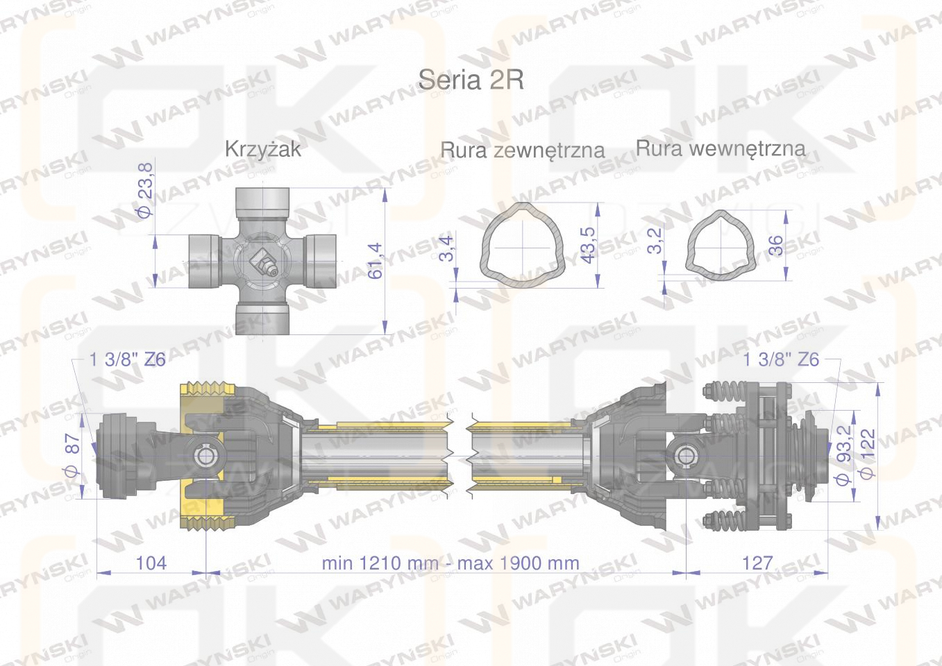 Wał przegubowo-teleskopowy 1210-1900mm 270Nm sprzęgło cierne 300Nm CE 2020 seria 2R WARYŃSKI