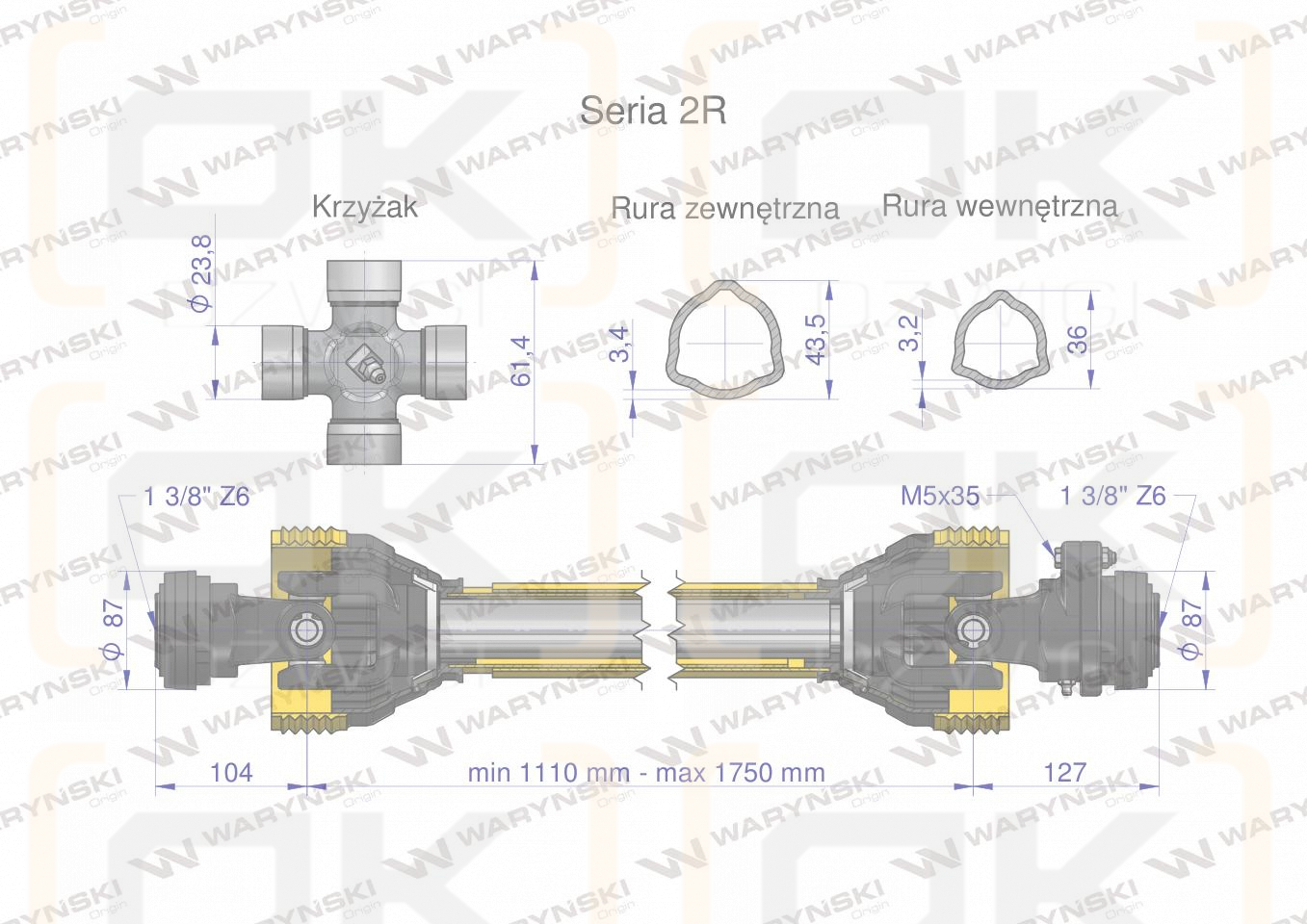 Wał przegubowo-teleskopowy 1110-1750mm 270Nm sprzęgło z kołkiem 900Nm CE 2020 seria 2R WARYŃSKI