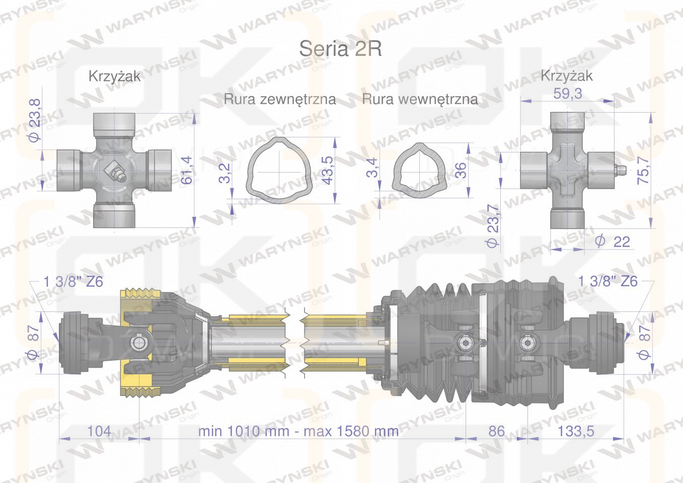 Wał przegubowo-teleskopowy 1010-1580mm 270Nm szerokokątny CE 2020 seria 2R WARYŃSKI