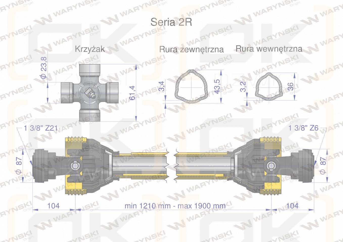 Wał przegubowo-teleskopowy 1210-1900mm 270Nm widłak Z21 od ciągnika CE 2020 seria 2R WARYŃSKI
