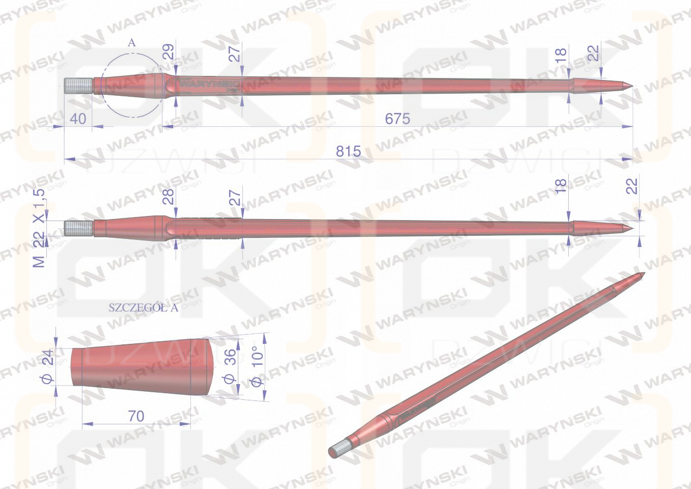 Ząb ładowacza uniwersalny czerwony prosty L- 810 mm zastosowanie 5193-FT1N Tur WARYŃSKI W9132-810P