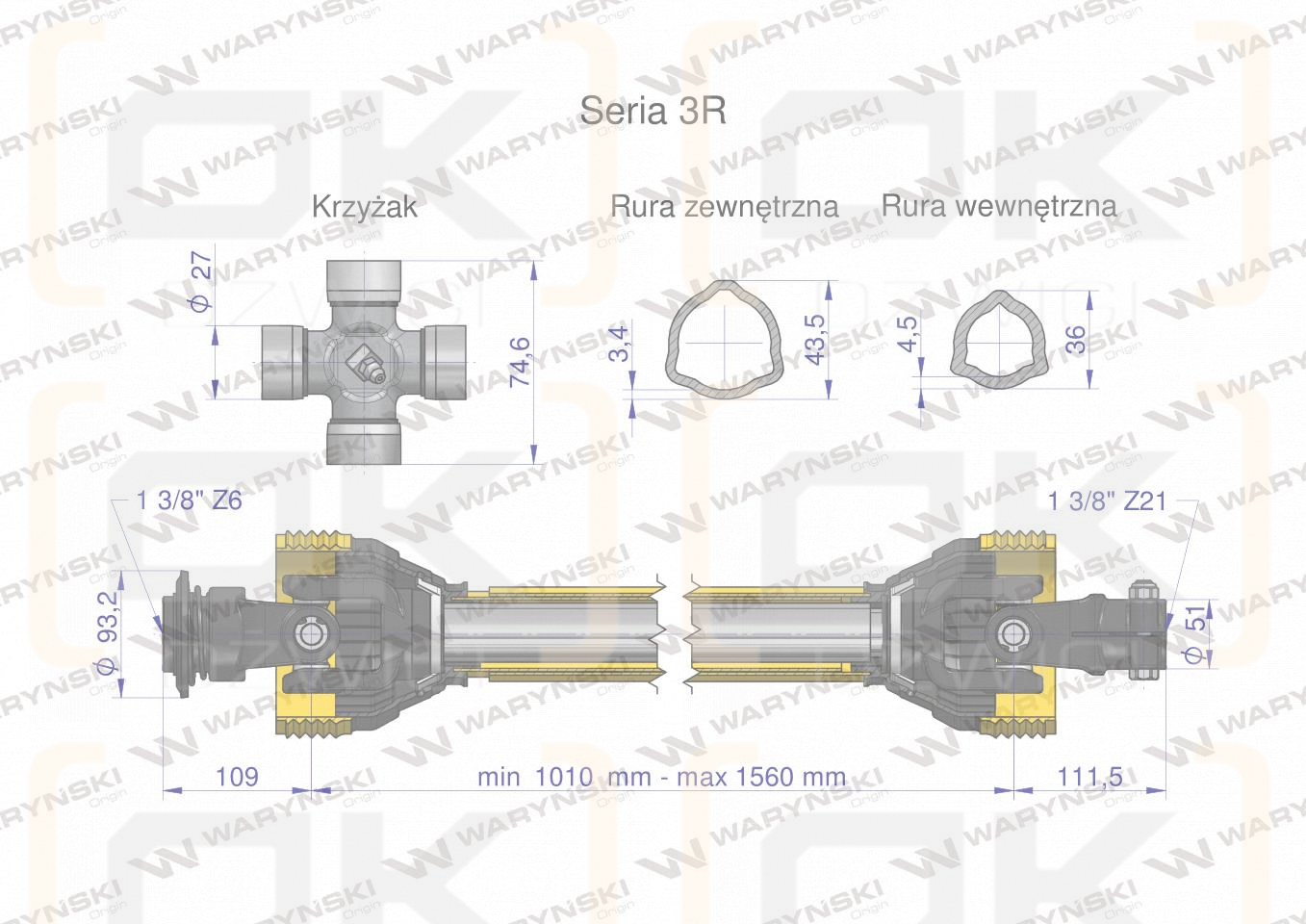 Wał przegubowo-teleskopowy 1010-1560mm 460Nm widłak Z21 skręcany na śrubę 50270 CE seria 3R WARYŃSKI