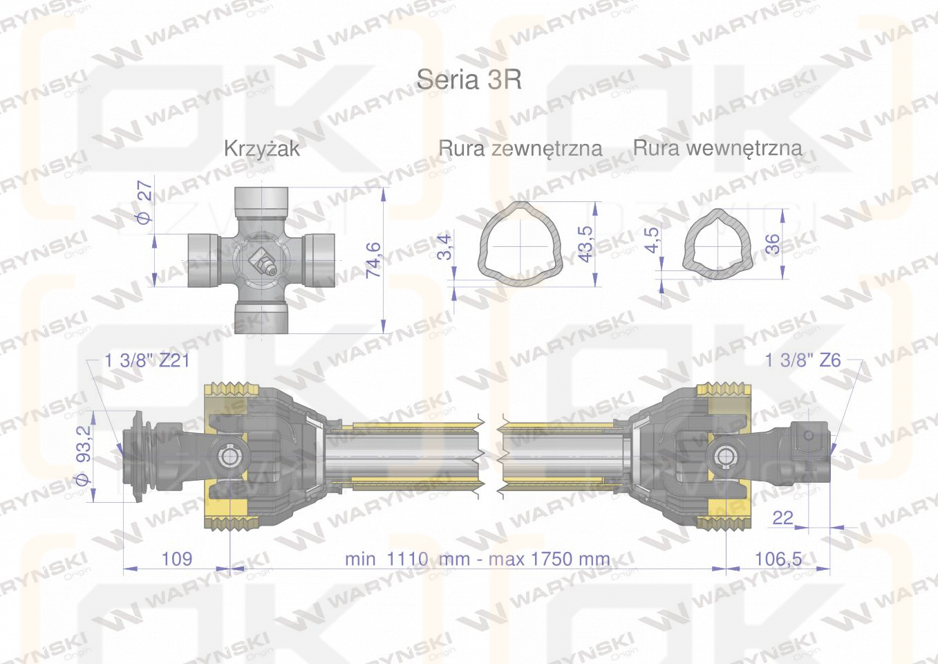Wał przegubowo-teleskopowy 1110-1750mm 460Nm widłak Z21 od st.ciągnika CE seria 3R WARYŃSKI