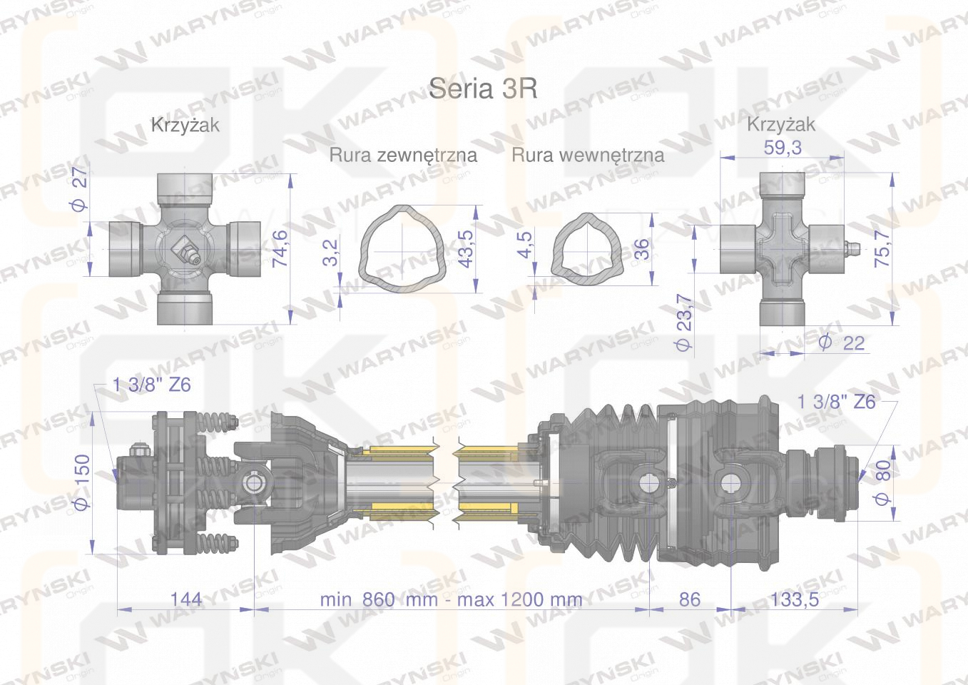 Wał przegubowo-teleskopowy 860-1200mm 460Nm sprzęgło cierne 900Nm szerokokątny CE seria 3R WARYŃSKI