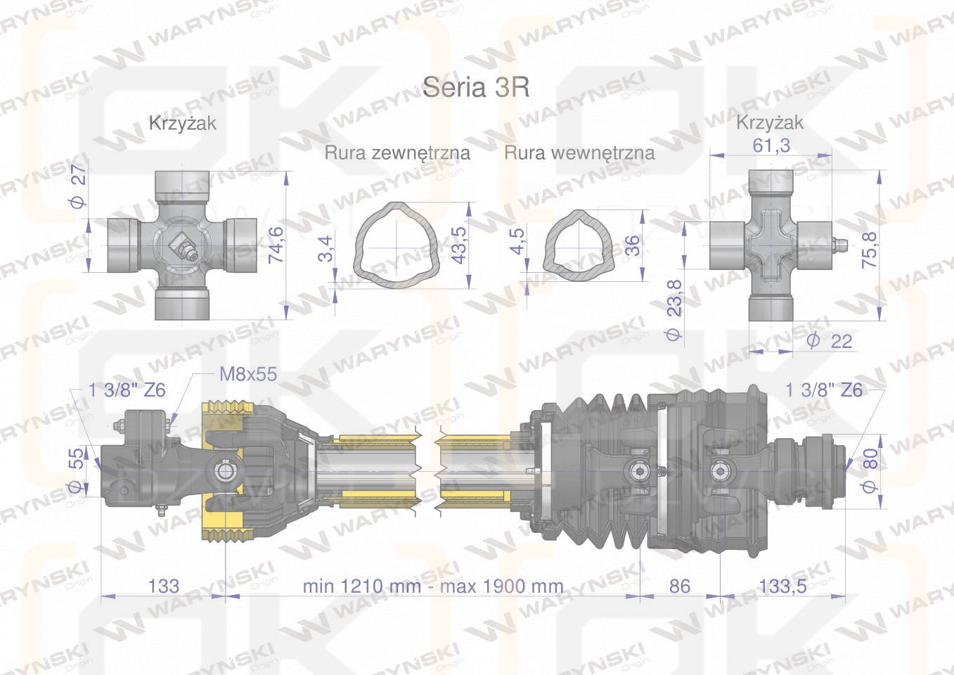 Wał przegubowo-teleskopowy 1210-1900mm 460Nm sprzęgło z kołkiem szerokokątny CE seria 3R WARYŃSKI