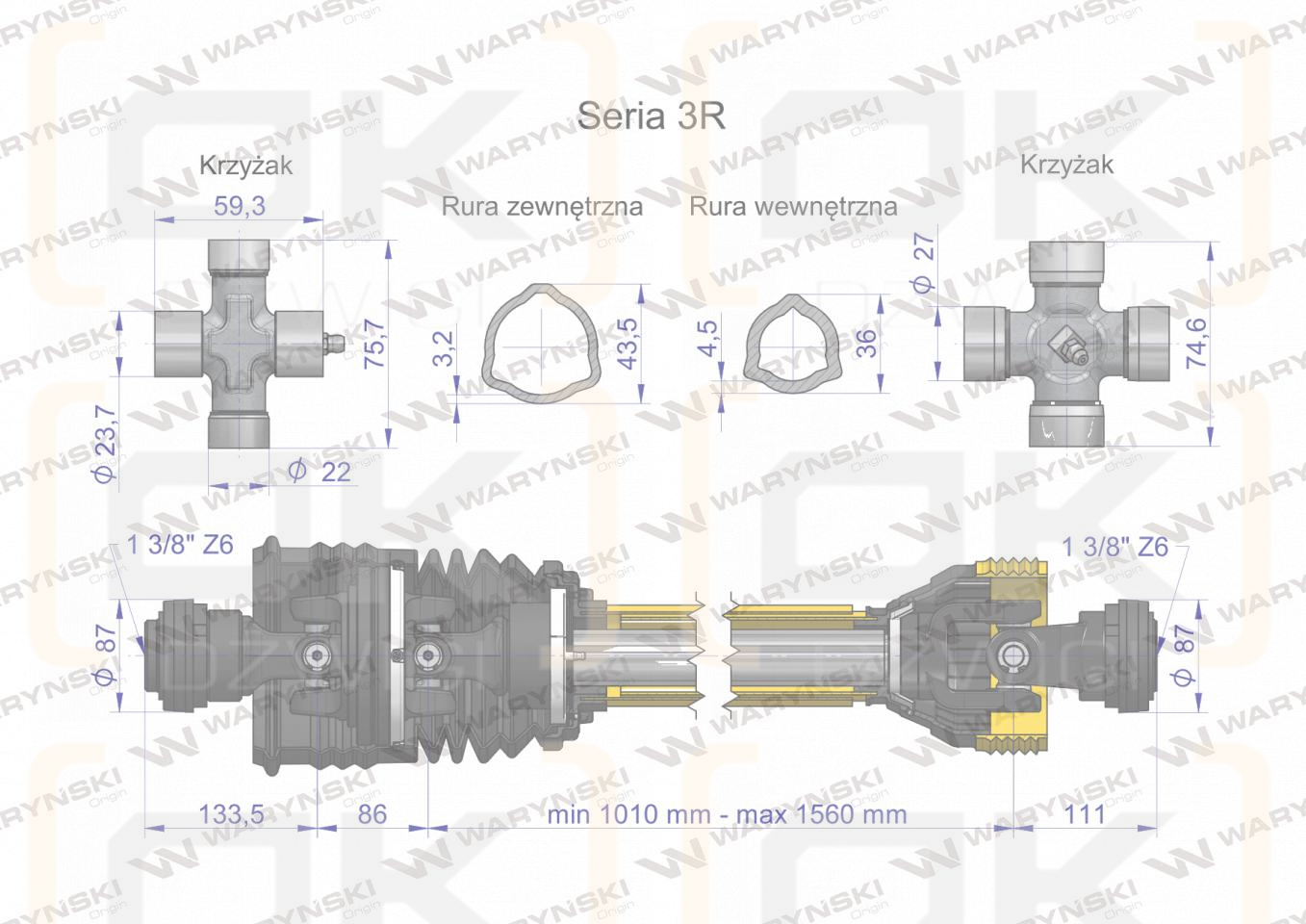 Wał przegubowo-teleskopowy 1010-1560mm 460Nm szerokokątny CE 2020 seria 3R WARYŃSKI