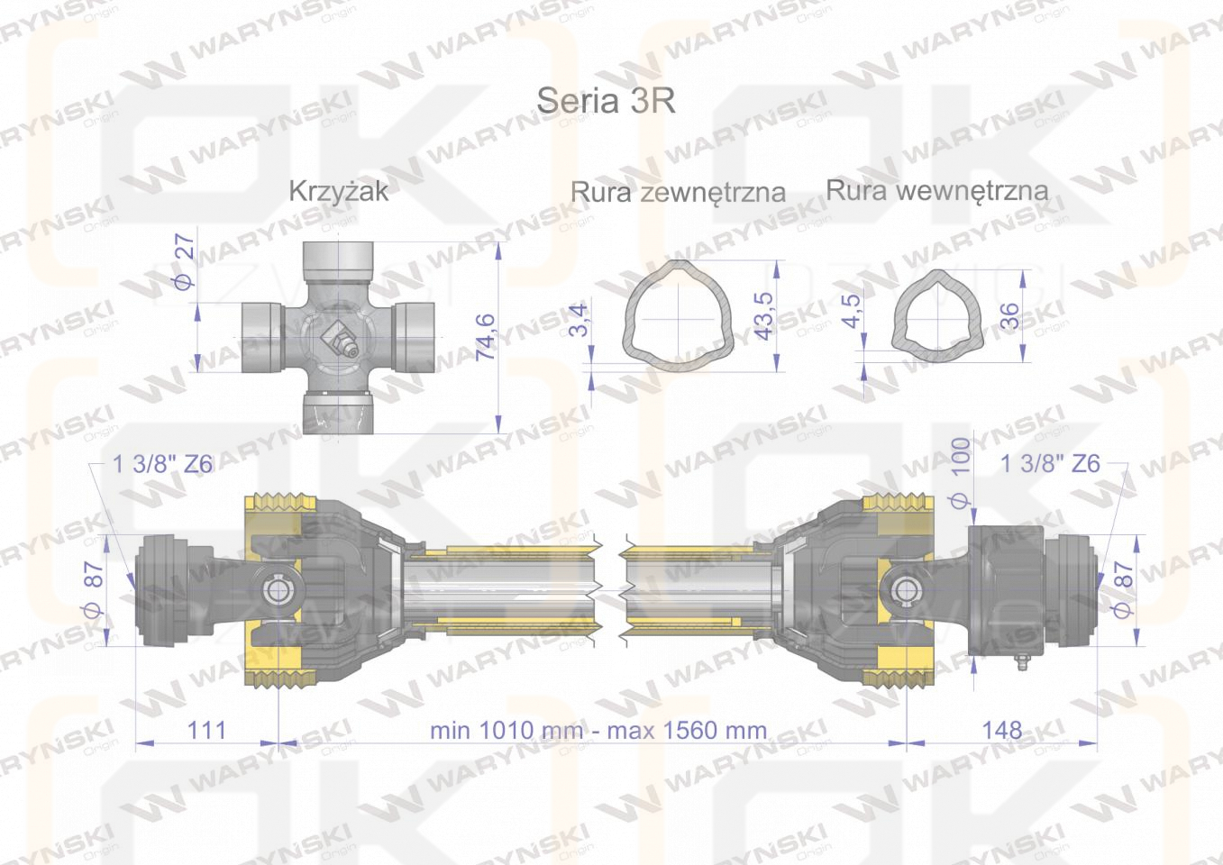 Wał przegubowo-teleskopowy 1010-1560mm 460Nm sprzęgło jednokierunkowe CE 2020 seria 3R WARYŃSKI