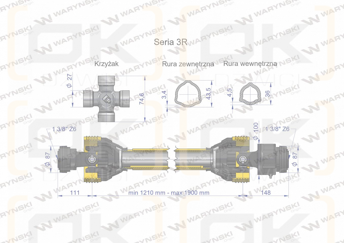 Wał przegubowo-teleskopowy 1210-1900mm 460Nm sprzęgło jednokierunkowe CE 2020 seria 3R Waryński