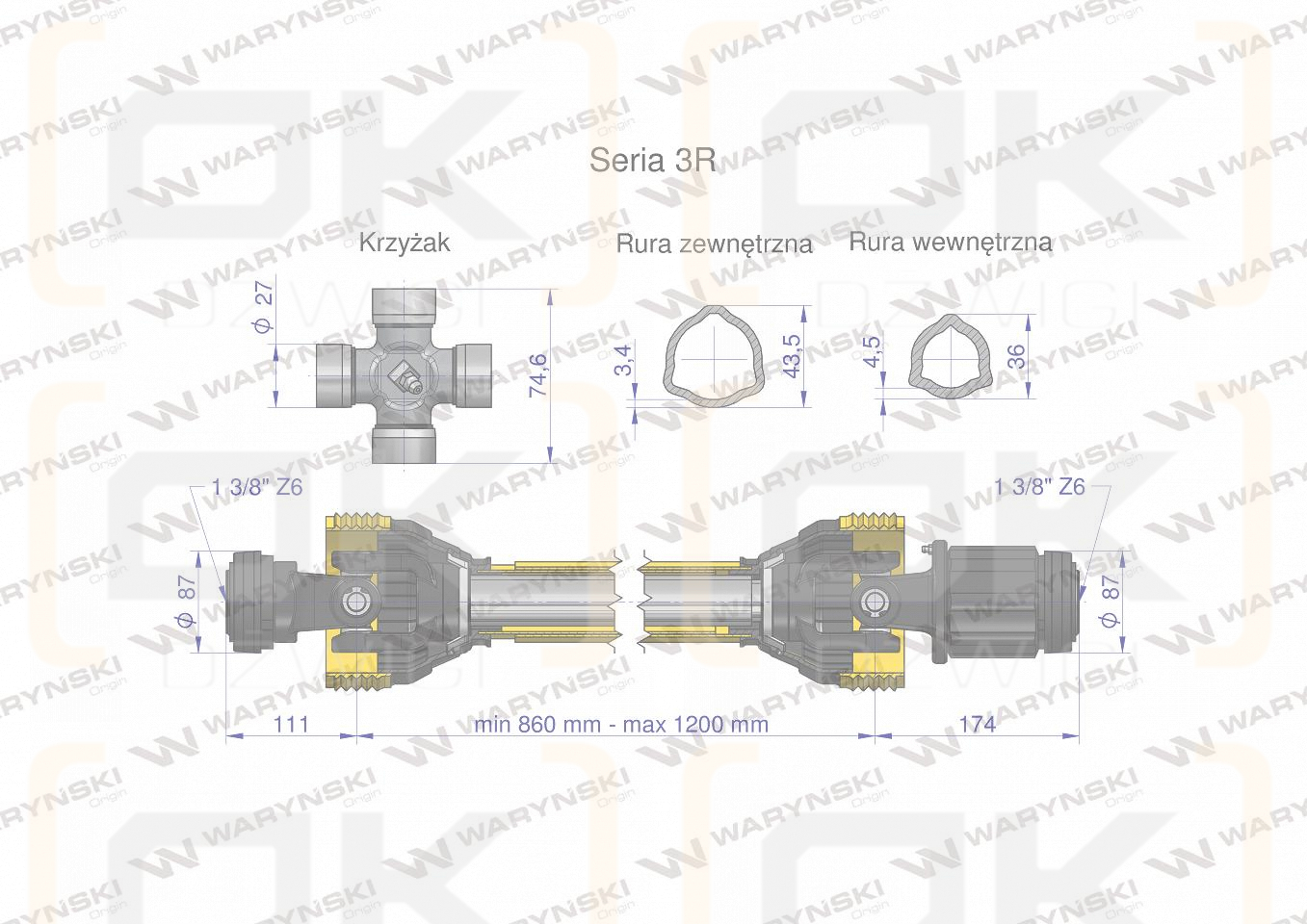 Wał przegubowo-teleskopowy 860-1200mm 460Nm sprzęgło zapadkowe CE 2020 seria 3R WARYŃSKI