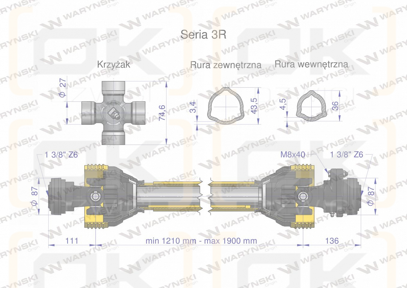 Wał przegubowo-teleskopowy 1210-1900mm 460Nm sprzęgło z kołkiem 1400Nm CE 2020 seria 3R Waryński