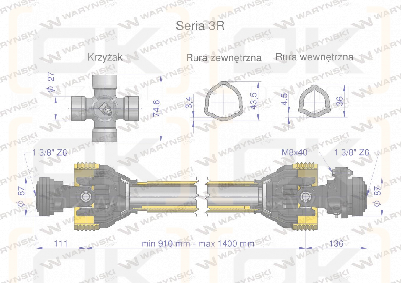 Wał przegubowo-teleskopowy 910-1400mm 460Nm sprzęgło z kołkiem 1400Nm CE 2020 seria 3R WARYŃSKI
