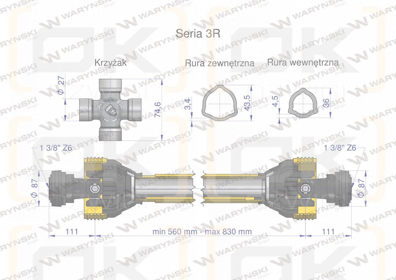 Wał przegubowo-teleskopowy 560-830mm 460Nm 50220 CE 2020 seria 3R WARYŃSKI WA46-61