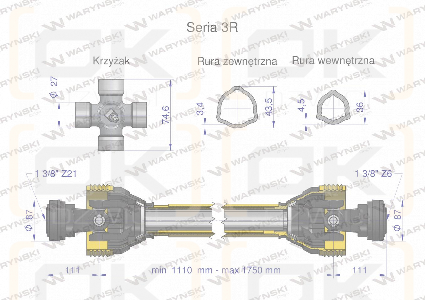 Wał przegubowo-teleskopowy 1110-1750mm 460Nm widłak Z21 CE 2020 seria 3R WARYŃSKI
