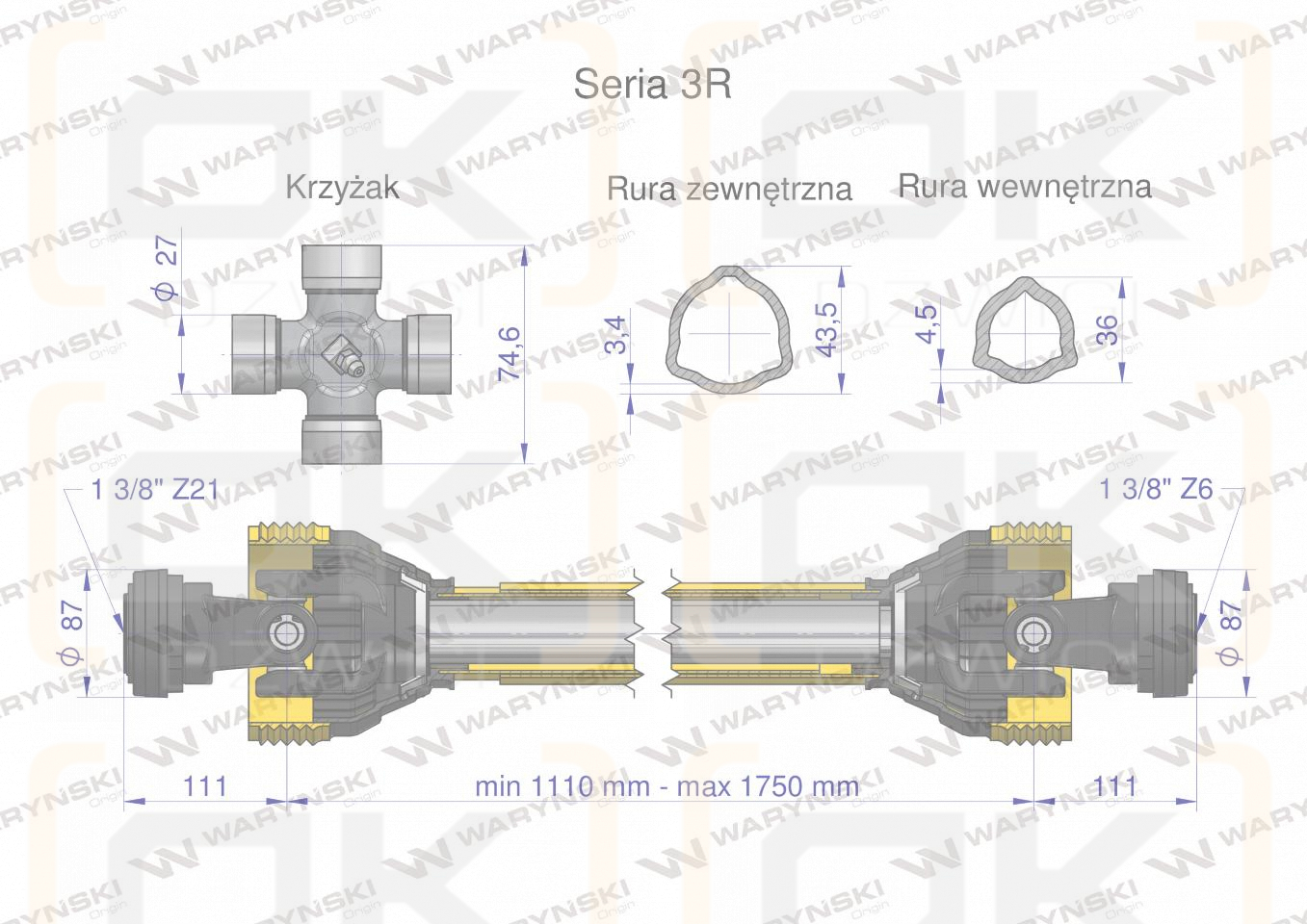 Wał przegubowo-teleskopowy 1110-1750mm 460Nm widłak Z21  CE 2020 seria 3R WARYŃSKI