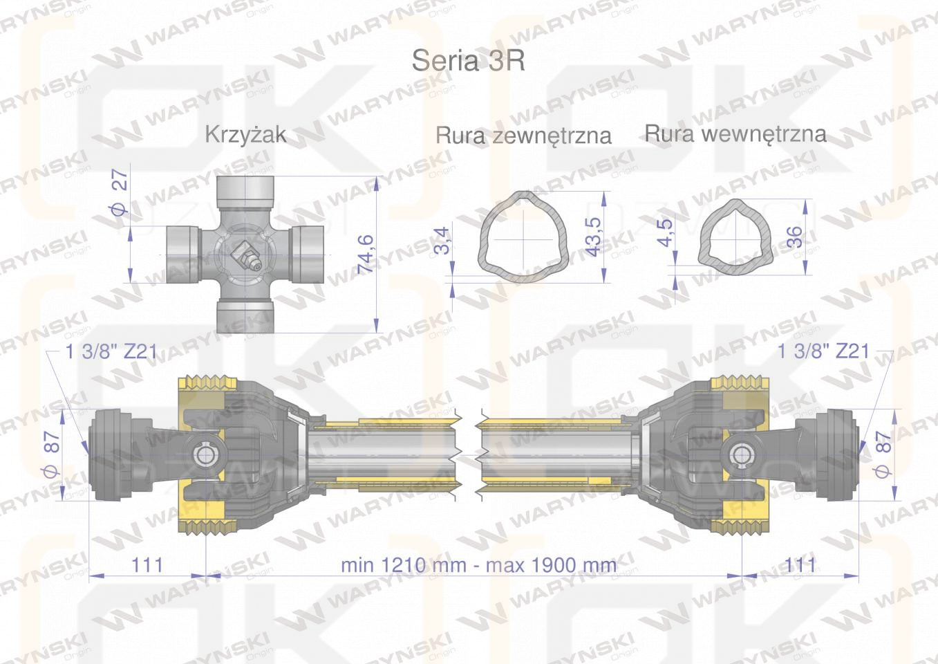 Wał przegubowo-teleskopowy 1210-1900mm 460Nm Z21 z dwóch stron CE 2020 seria 3R WARYŃSKI