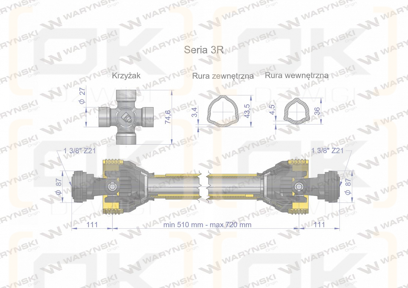 Wał przegubowo-teleskopowy 510-720mm 460Nm Z21 z dwóch stron CE 2020 seria 3R WARYŃSKI