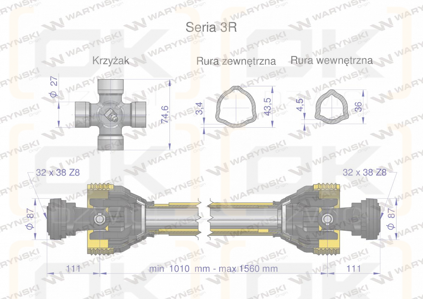 Wał przegubowo-teleskopowy 1010-1560mm 460Nm 32X38 Z8 rosyjski z dwóch stron CE 2020 seria 3R WARYŃSKI