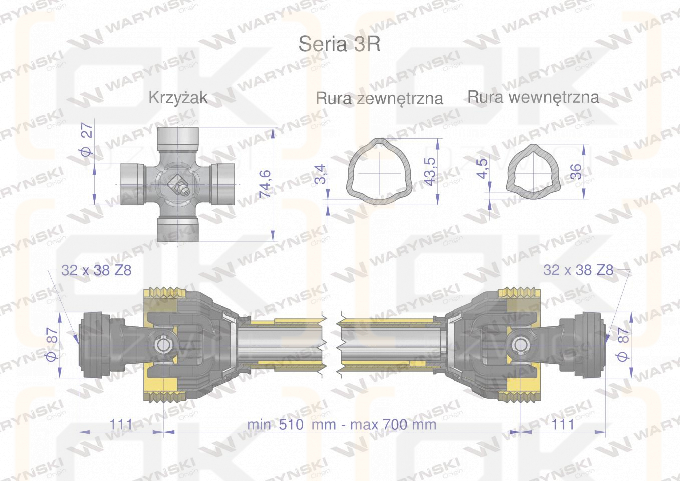 Wał przegubowo-teleskopowy 510-700mm 460Nm 32X38 Z8 rosyjski z dwóch stron 50210 CE 2020 seria 3R WARYŃSKI