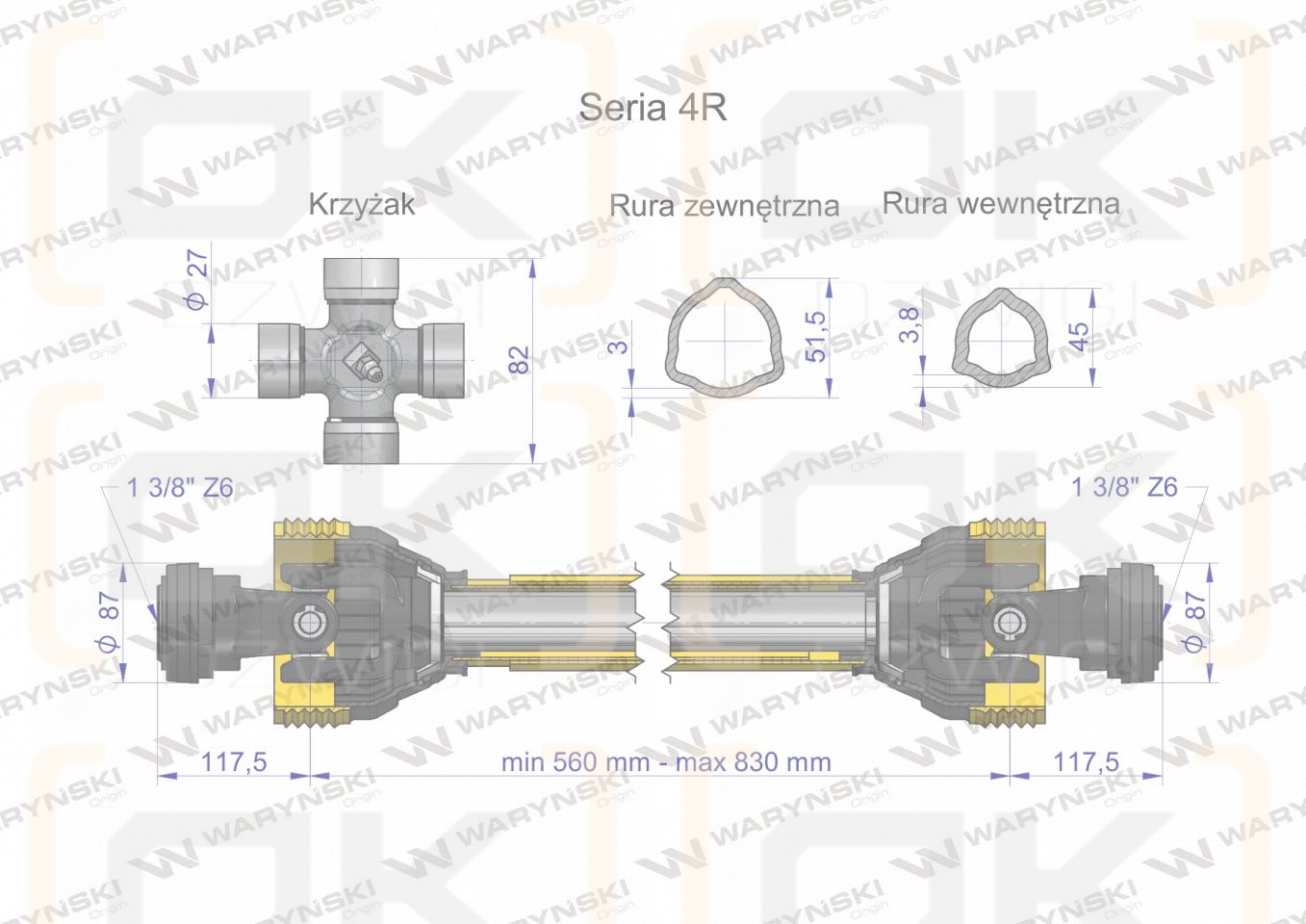 Wał przegubowo-teleskopowy 560-830mm 540Nm CE 2020 seria 4R Waryński