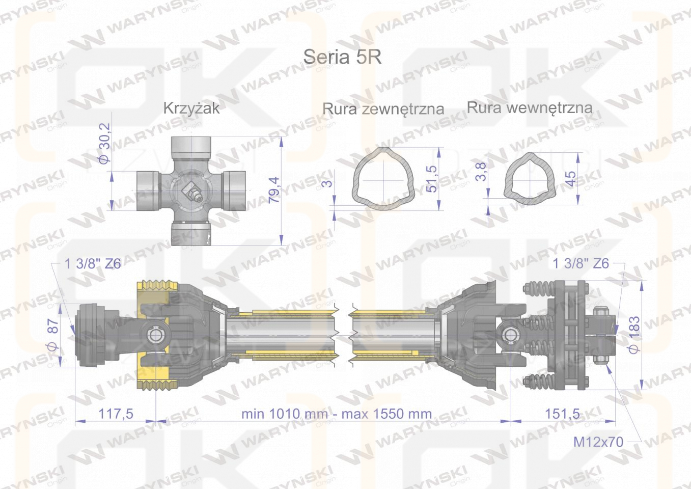 Wał przegubowo-teleskopowy 1010-1550mm 620Nm sprzęgło cierne 1200Nm 60970 CE 2020 seria 5R WARYŃSKI