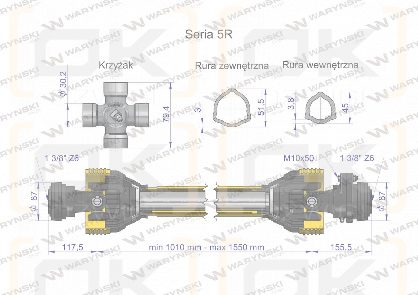 Wał przegubowo-teleskopowy 1010-1550mm 620Nm sprzęgło z kołkiem 2200Nm 60970 CE 2020 seria 5R WARYŃSKI