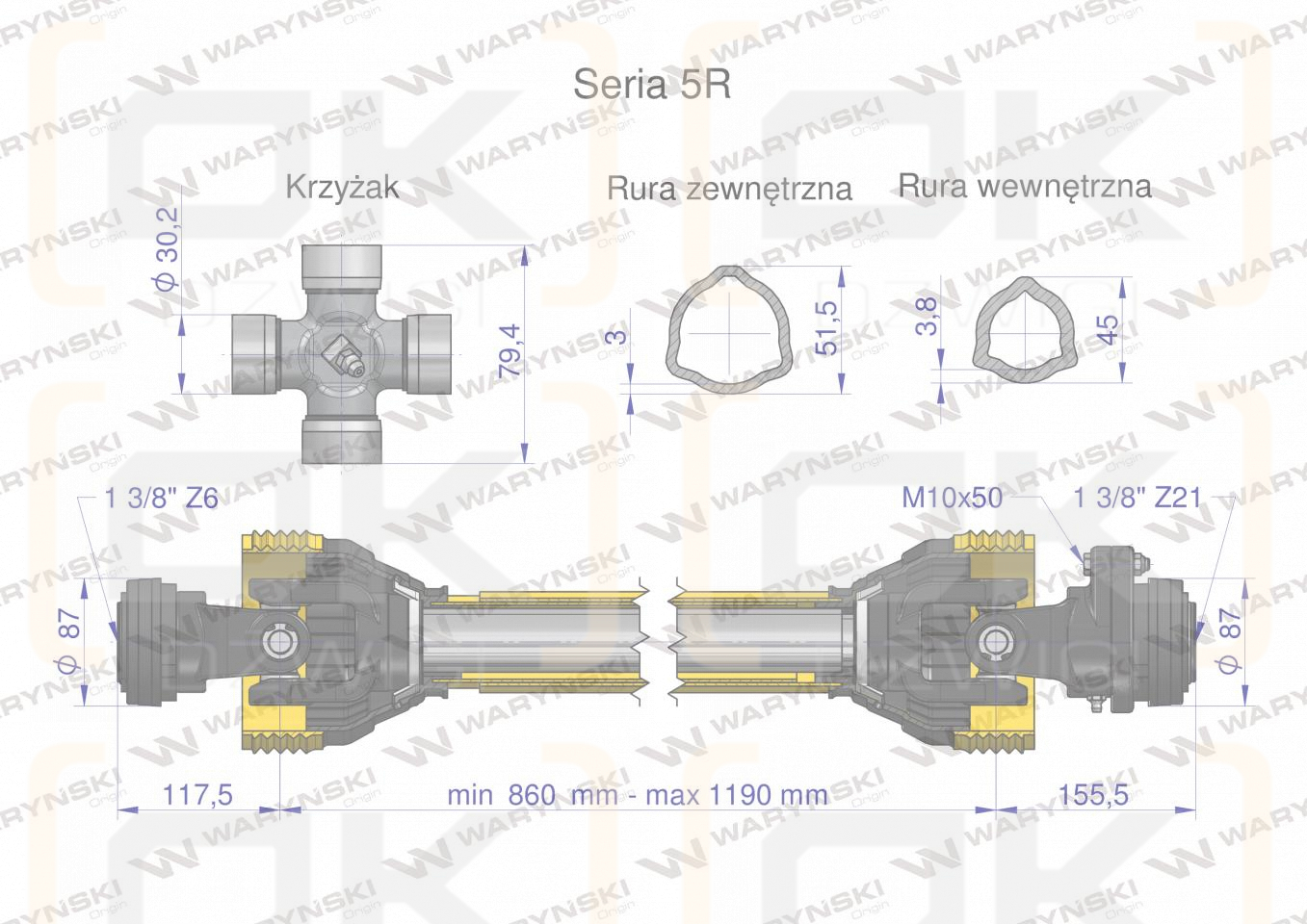 Wał przegubowo-teleskopowy 860-1190mm 620Nm sprzęgło z kołkiem Z21 2200 Nm CE 2020 seria 5R Waryński