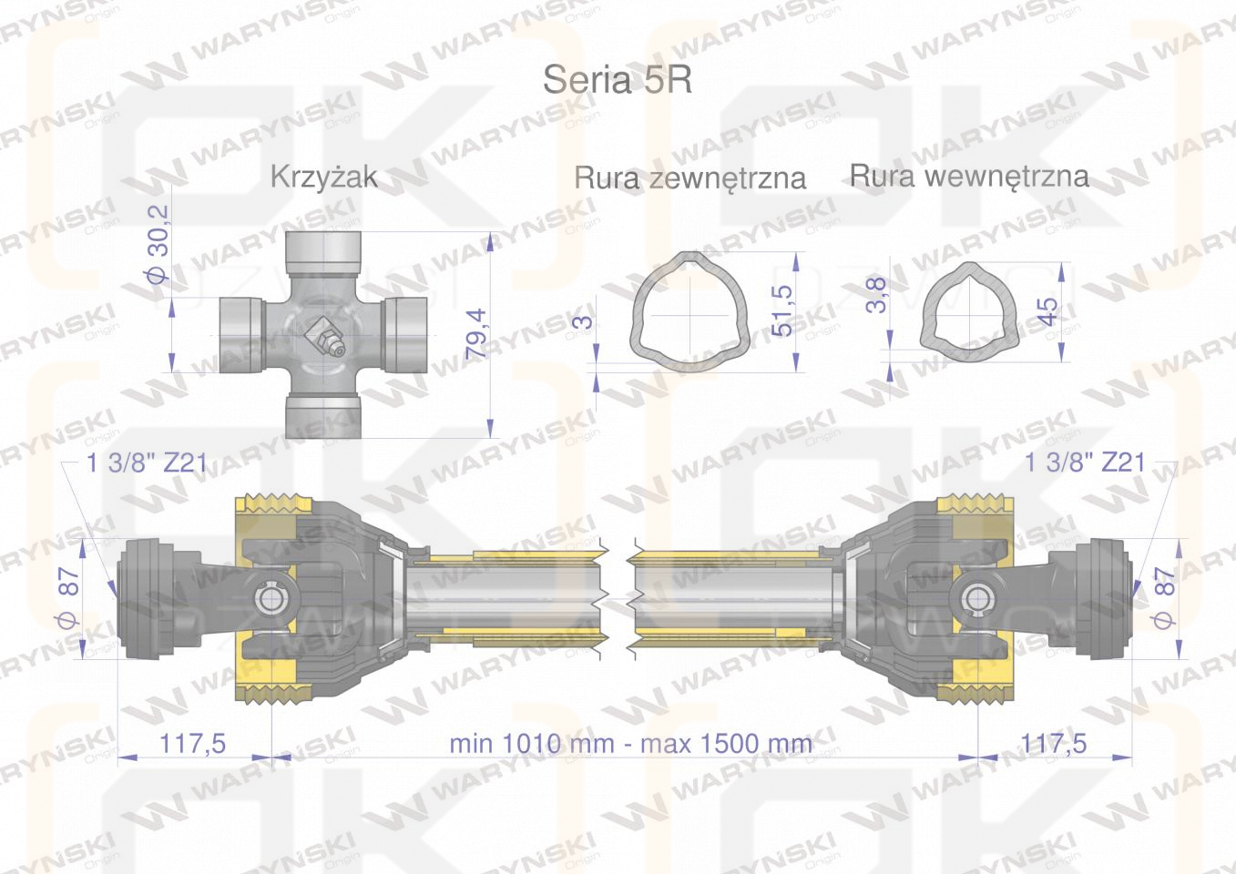 Wał przegubowo-teleskopowy 1010-1500mm 620Nm Z21 z dwóch stron CE 2020 seria 5R Waryński