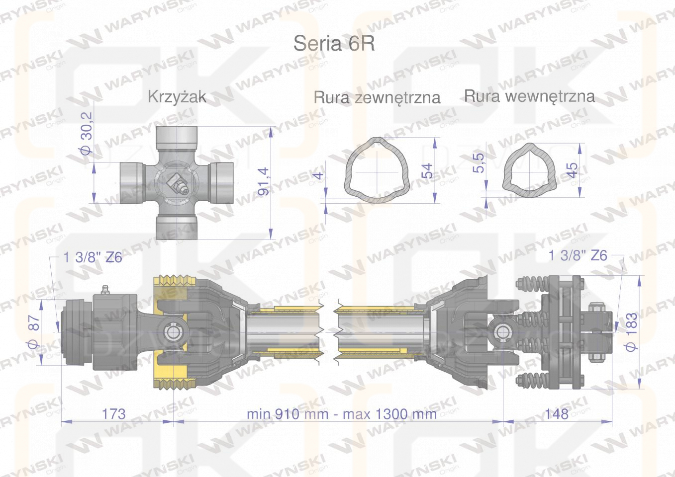 Wał przegubowo-teleskopowy 910-1300mm 830Nm sprzęgło cierne 1200Nm z drugiej stron sprzęgło jednokierunkowe CE 2020 seria 6R Waryński