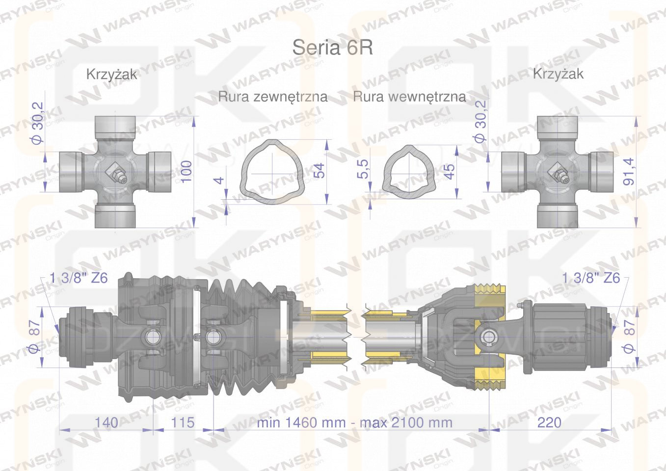 Wał, przegubowo-teleskopowy 1460-2100mm 830Nm szerokokątny z drugiej strony sprzęgło zapadkowe 1500Nm CE 2020 seria 6R, Waryński