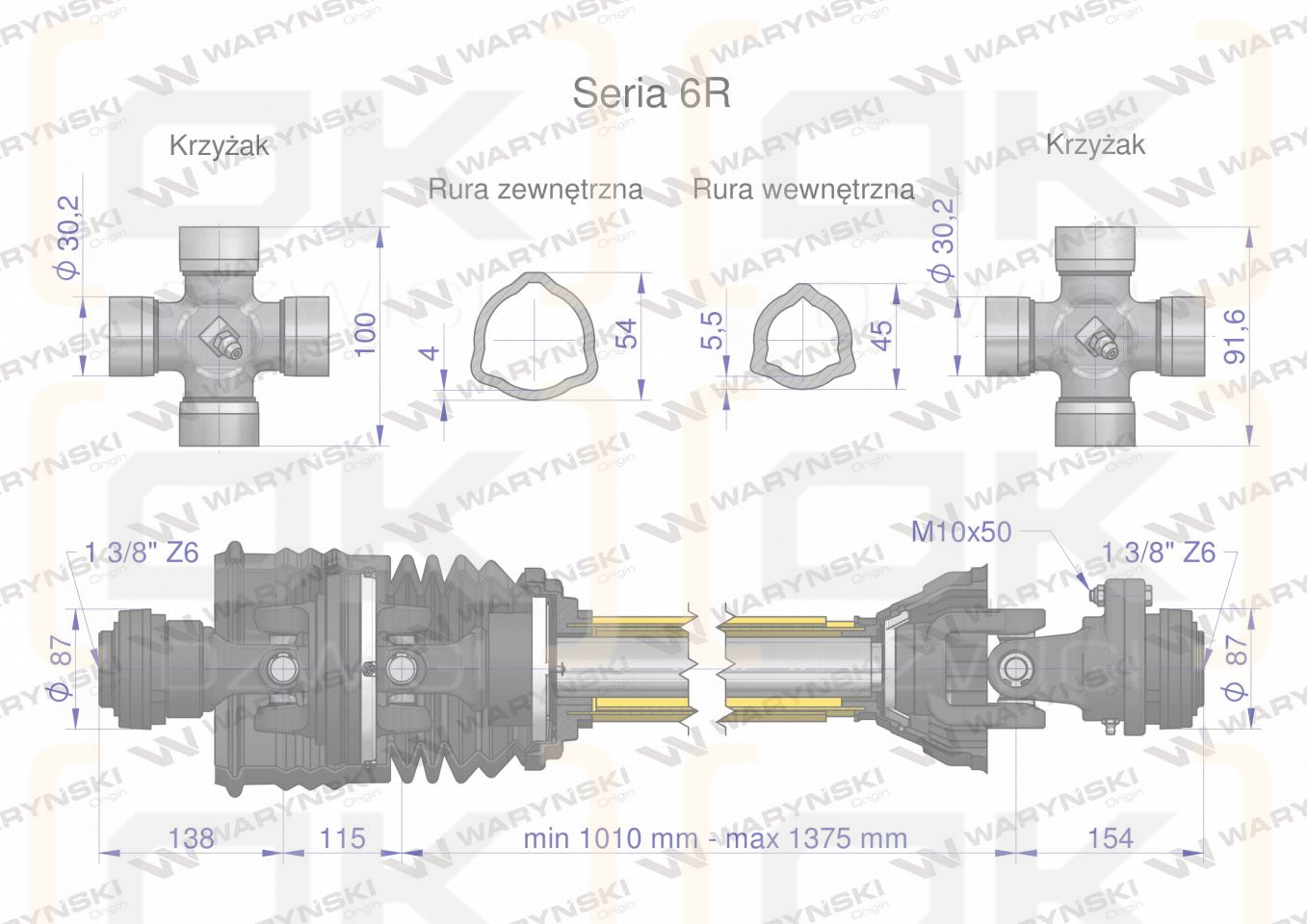 Wał przegubowo-teleskopowy 1010-1375mm 830Nm szerokokątny dr. st. sprzęgło z kołkiem 2500 Nm CE 2020 seria 6R Waryński