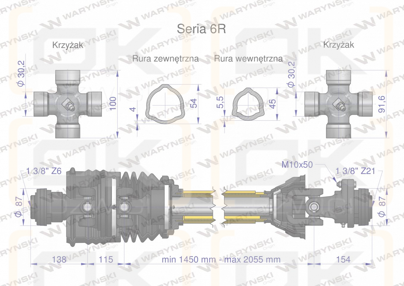 Wał przegubowo-teleskopowy 1450-2055mm 830Nm szerokokątny dr. st. sprzęgło z kołkiem Z21 2500 Nm CE 2020 seria 6R Waryński