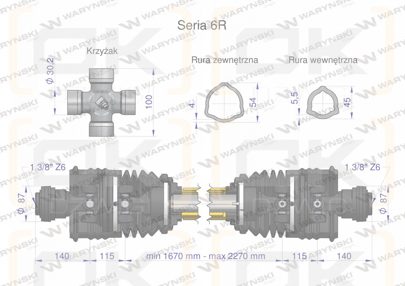 Wał przegubowo-teleskopowy 1670-2270mm 830Nm szerokokątny z dwóch stron CE 2020 seria 6R Waryński