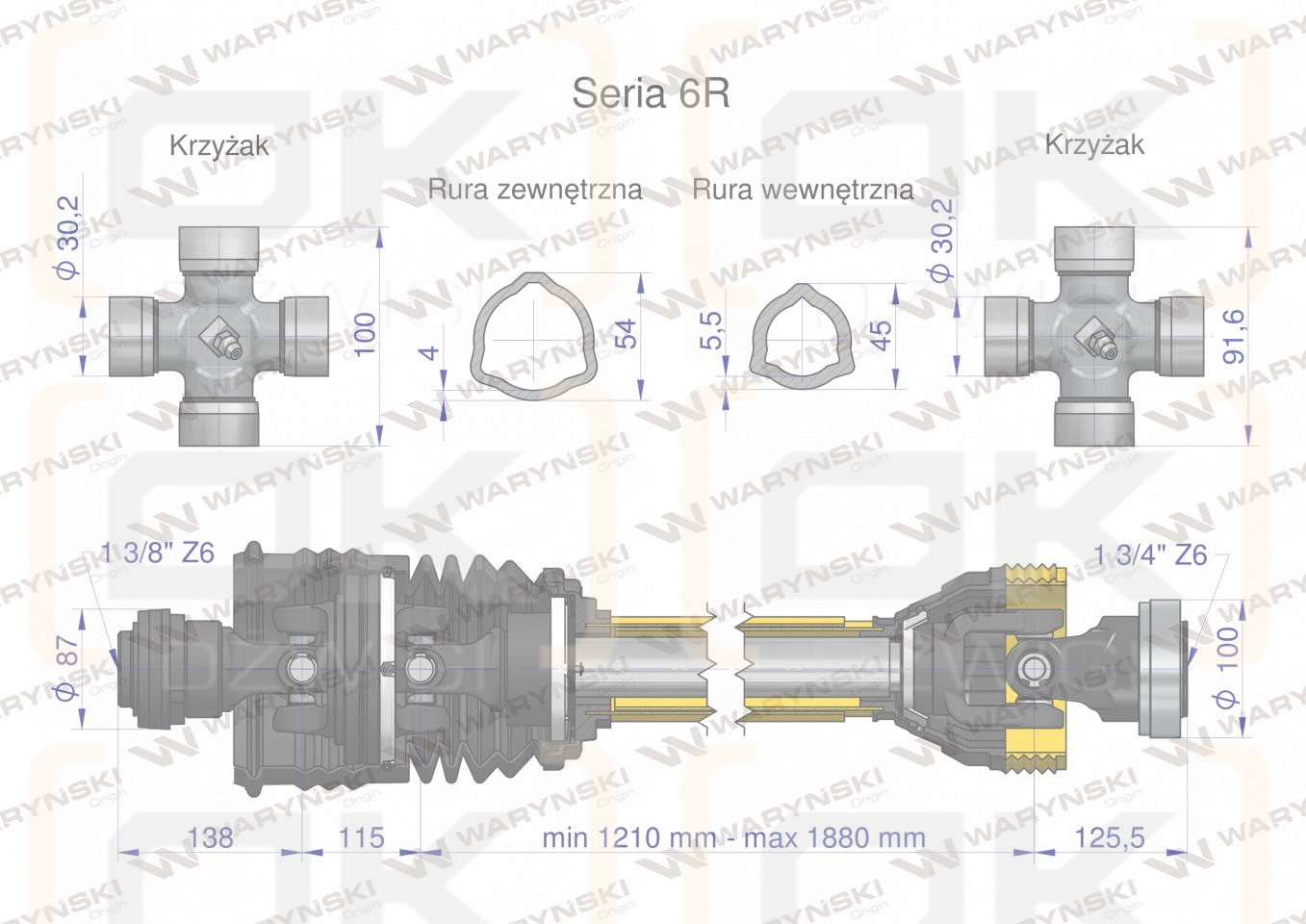 Wał przegubowo-teleskopowy 1210-1880mm 830Nm szerokokątny z drugiej stron Z6 - 1 3/4 CE 2020 seria 6R Waryński
