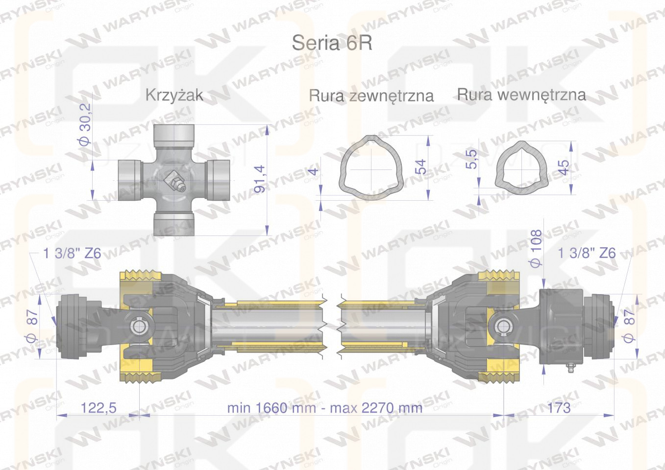 Wał przegubowo-teleskopowy 1660-2270mm 830Nm sprzęgło jednokierunkowe CE 2020 seria 6R Waryński