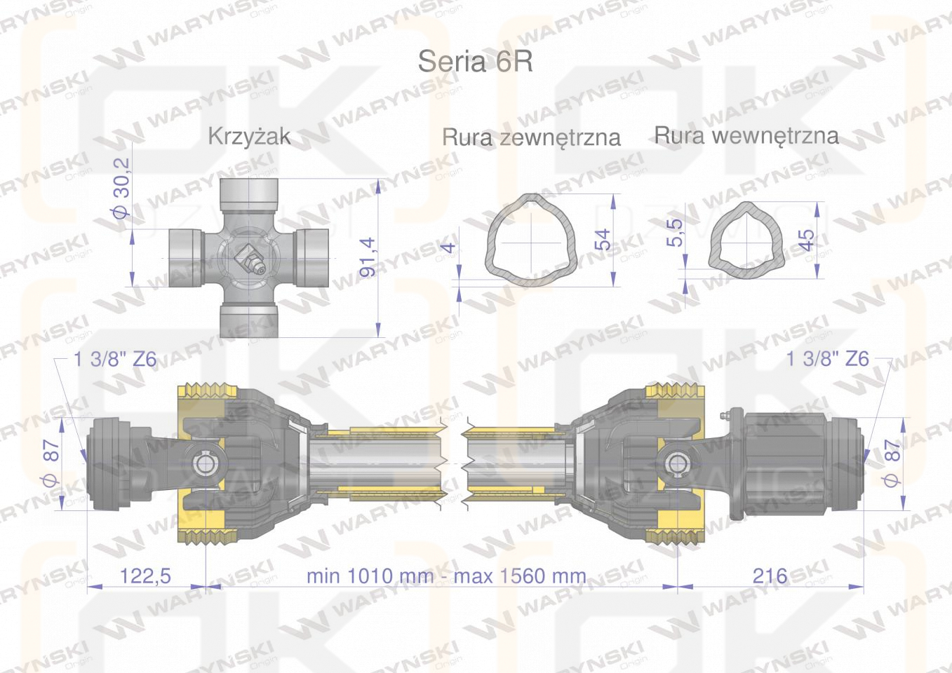 Wał przegubowo-teleskopowy 1010-1560mm 830Nm sprzęgło zapadkowe 1200 Nm CE 2020 seria 6R Waryński