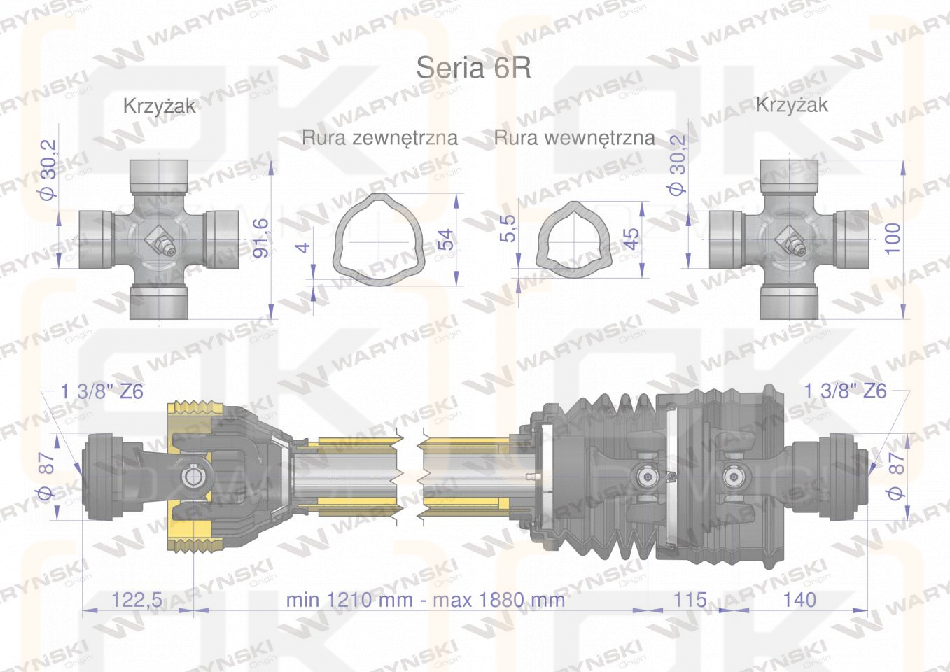Wał przegubowo-teleskopowy 1210-1880mm 830Nm szerokokątny CE 2020 seria 6R Waryński