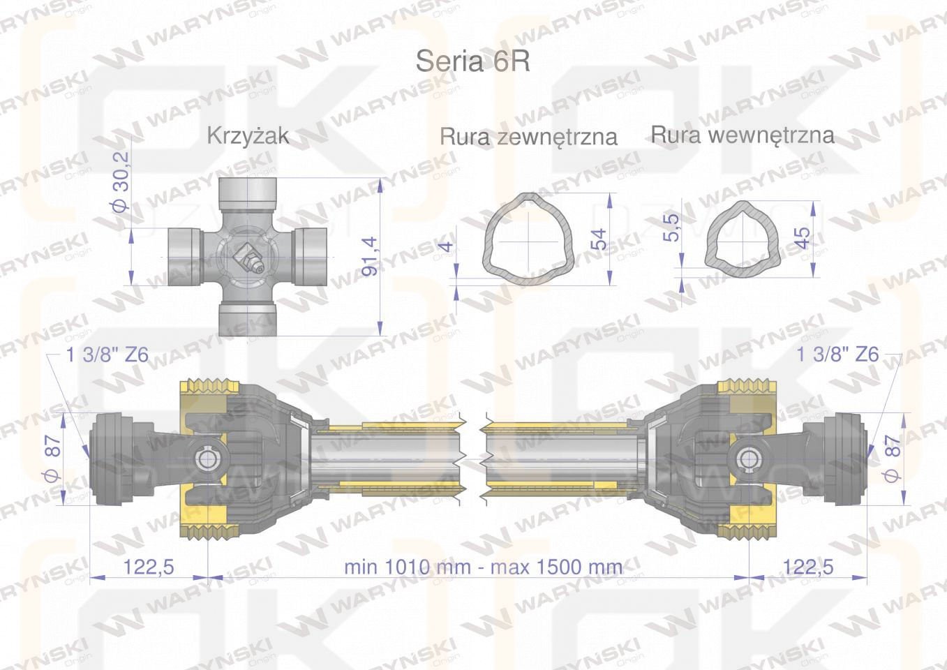 Wał przegubowo-teleskopowy 1010-1500mm 830Nm CE 2020 seria 6R WARYŃSKI