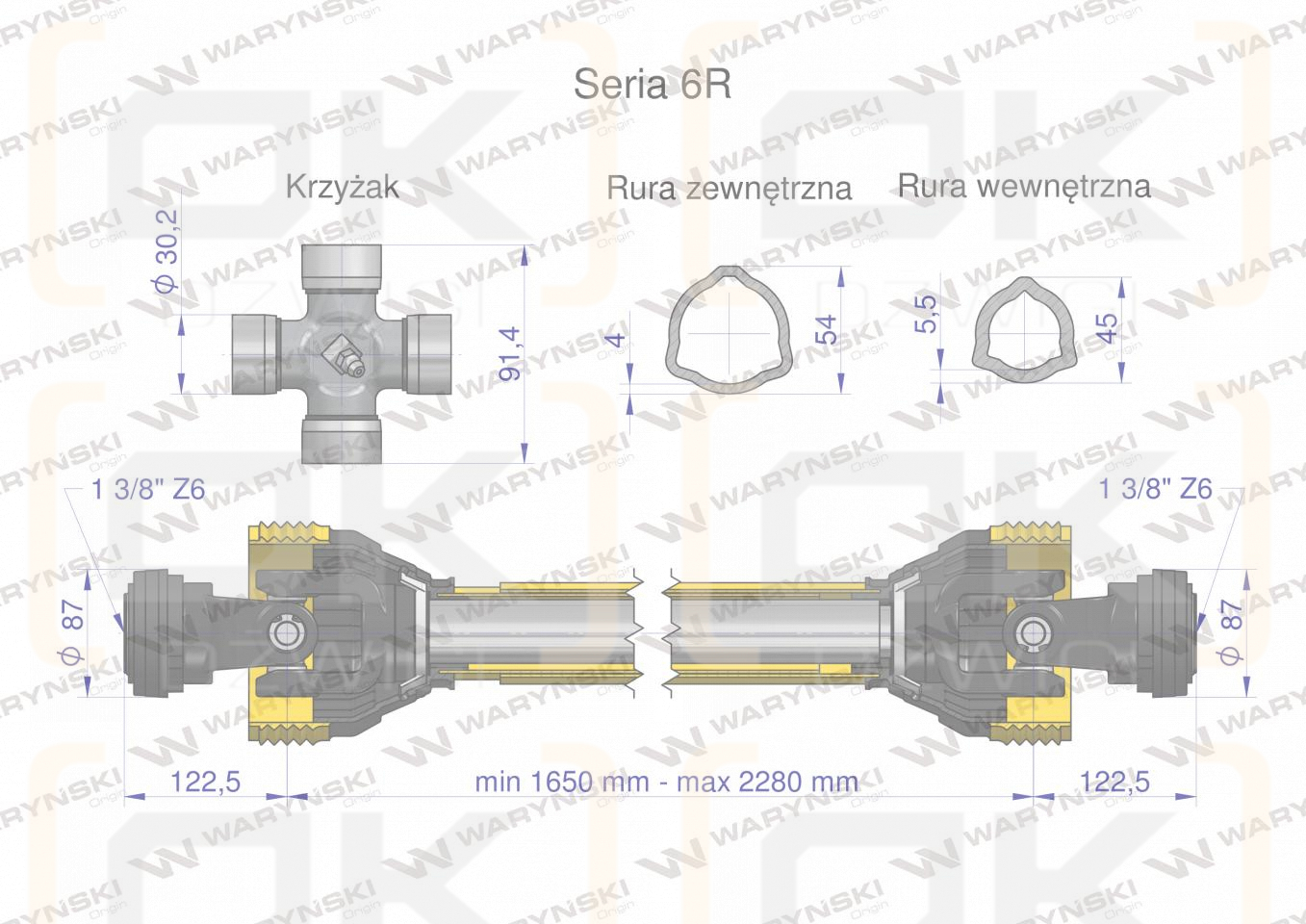 Wał przegubowo-teleskopowy 1650-2280mm 830Nm CE 2020 seria 6R Waryński