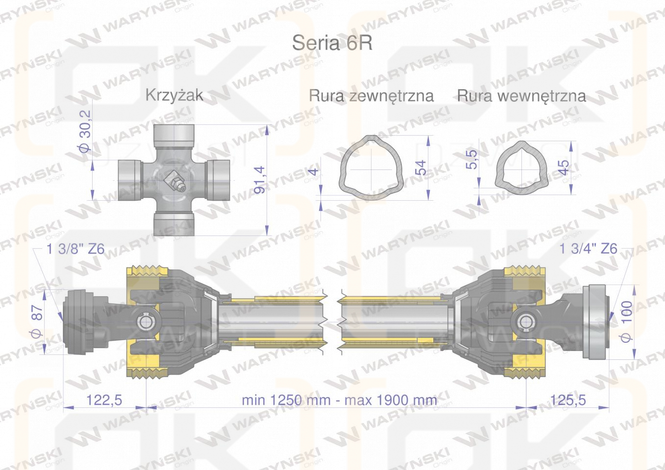 Wał przegubowo-teleskopowy 1250-1900mm 830Nm Z6 - 1 3/4 CE 2020 seria 6R Waryński