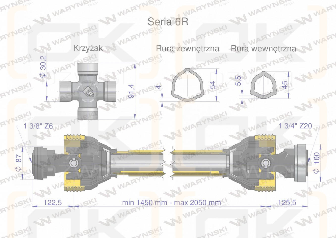 Wał przegubowo-teleskopowy 1450-2050mm 830Nm Z20 - 1 3/4 CE 2020 seria 6R Waryński
