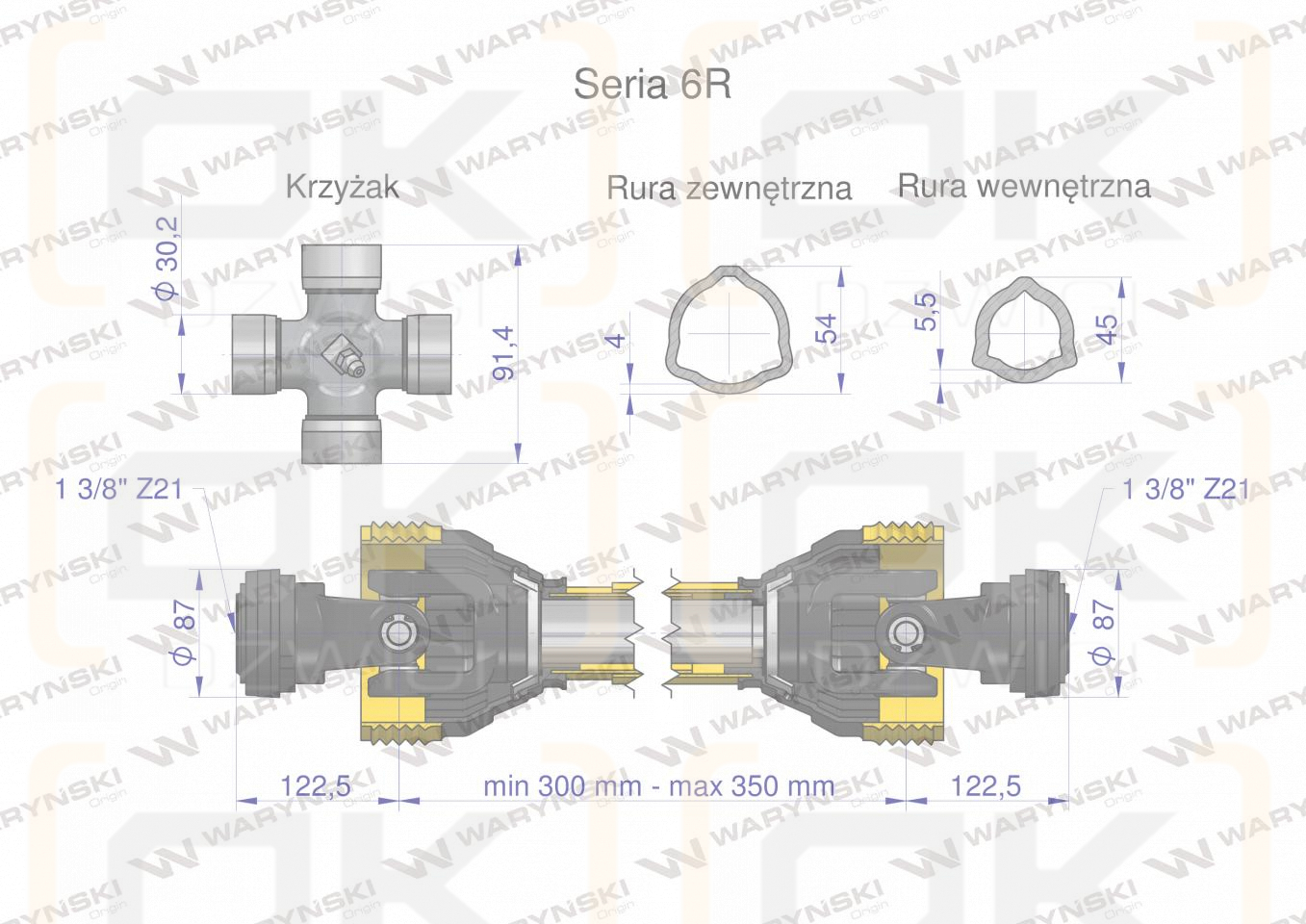 Wał przegubowo-teleskopowy 300-350mm 830Nm Z21 z dwóch stron CE 2020 seria 6R Waryński APL00126 długość 430