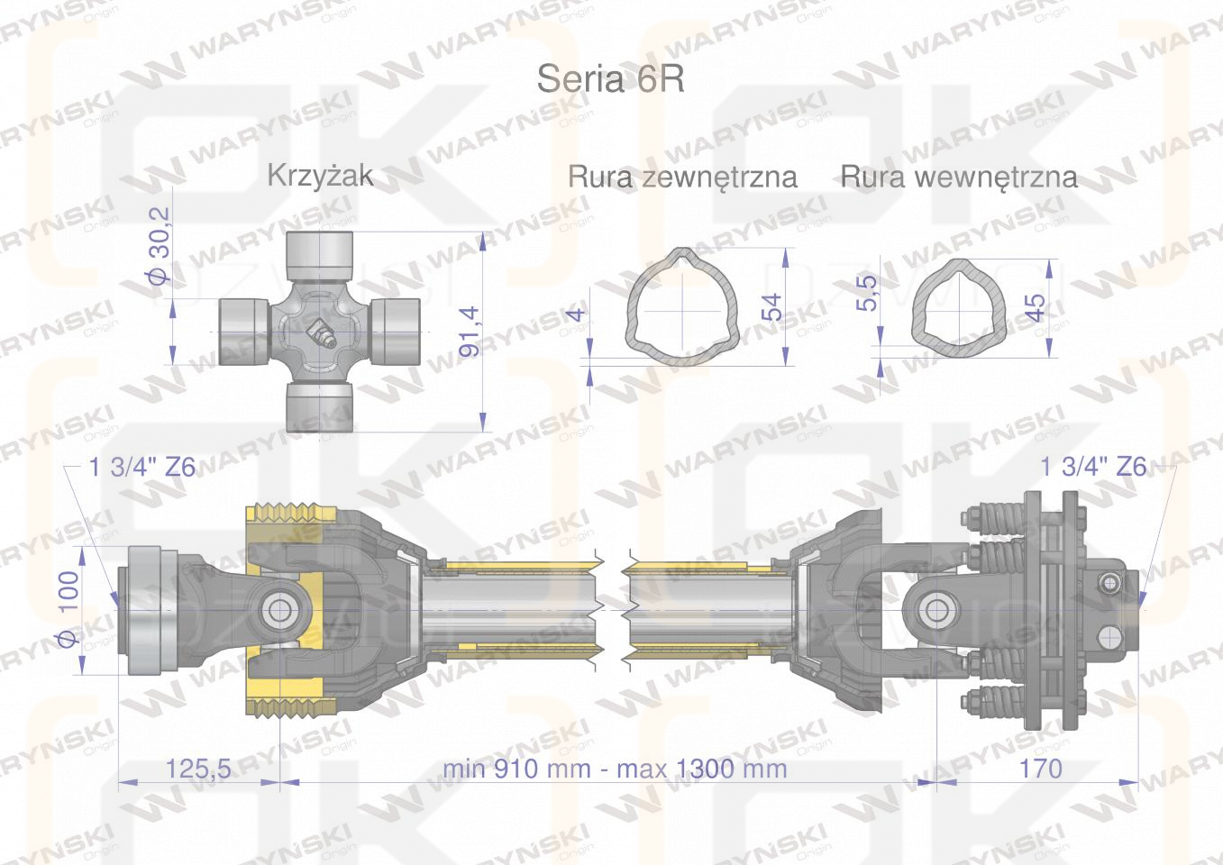 Zapfwelle 910-1300mm 830Nm Z6 - 1 3/4 auf der anderen Seite Reibungskupplung 1700Nm Z6 - 1 3/4 CE CE 2020 Serie 6R Waryński